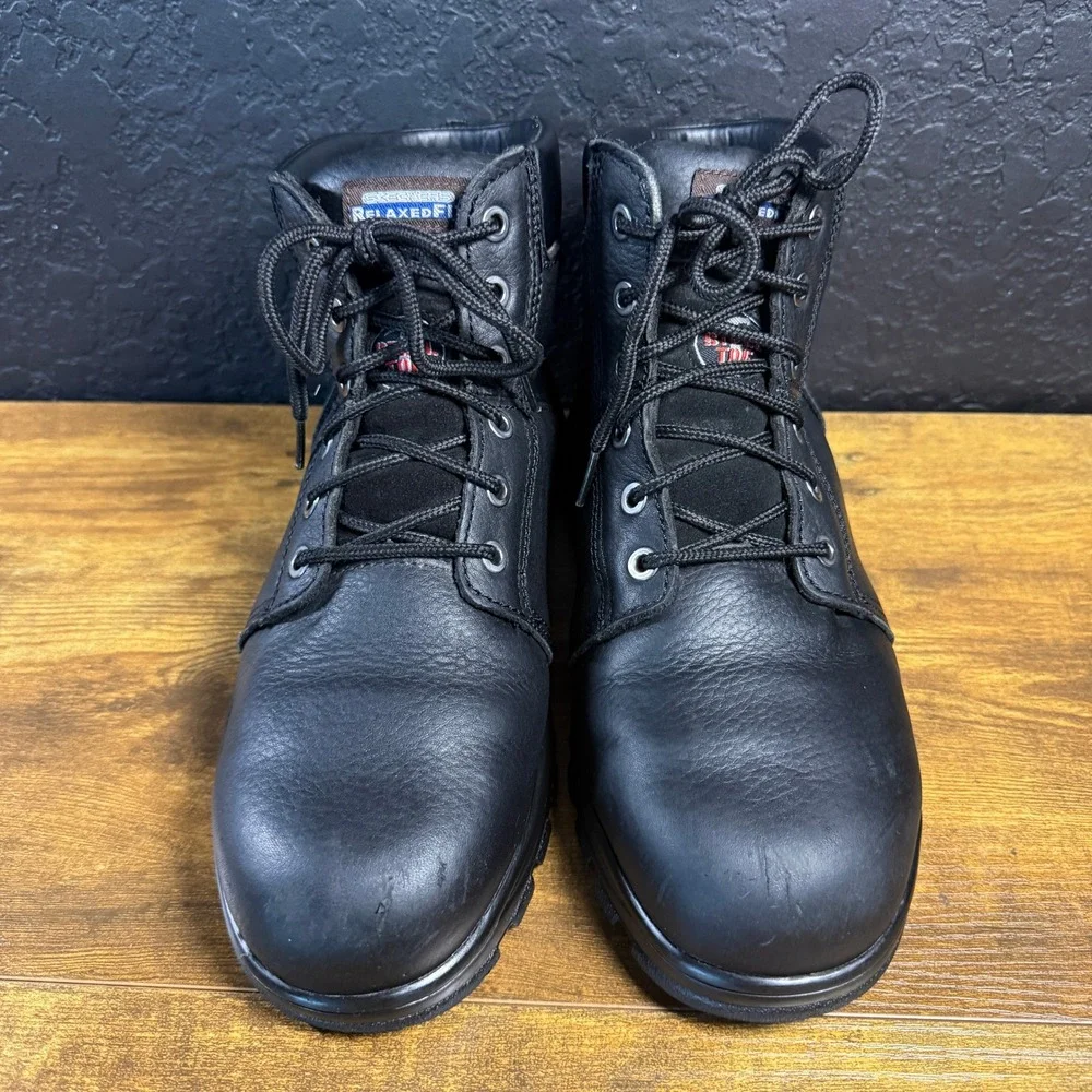 Skechers Hartan 77009EW Black Leather Steel Toe Work Boots Mens 9.5 Wide‎